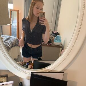 La Hearts navy Pinstripe Short Sleeve Crop Top